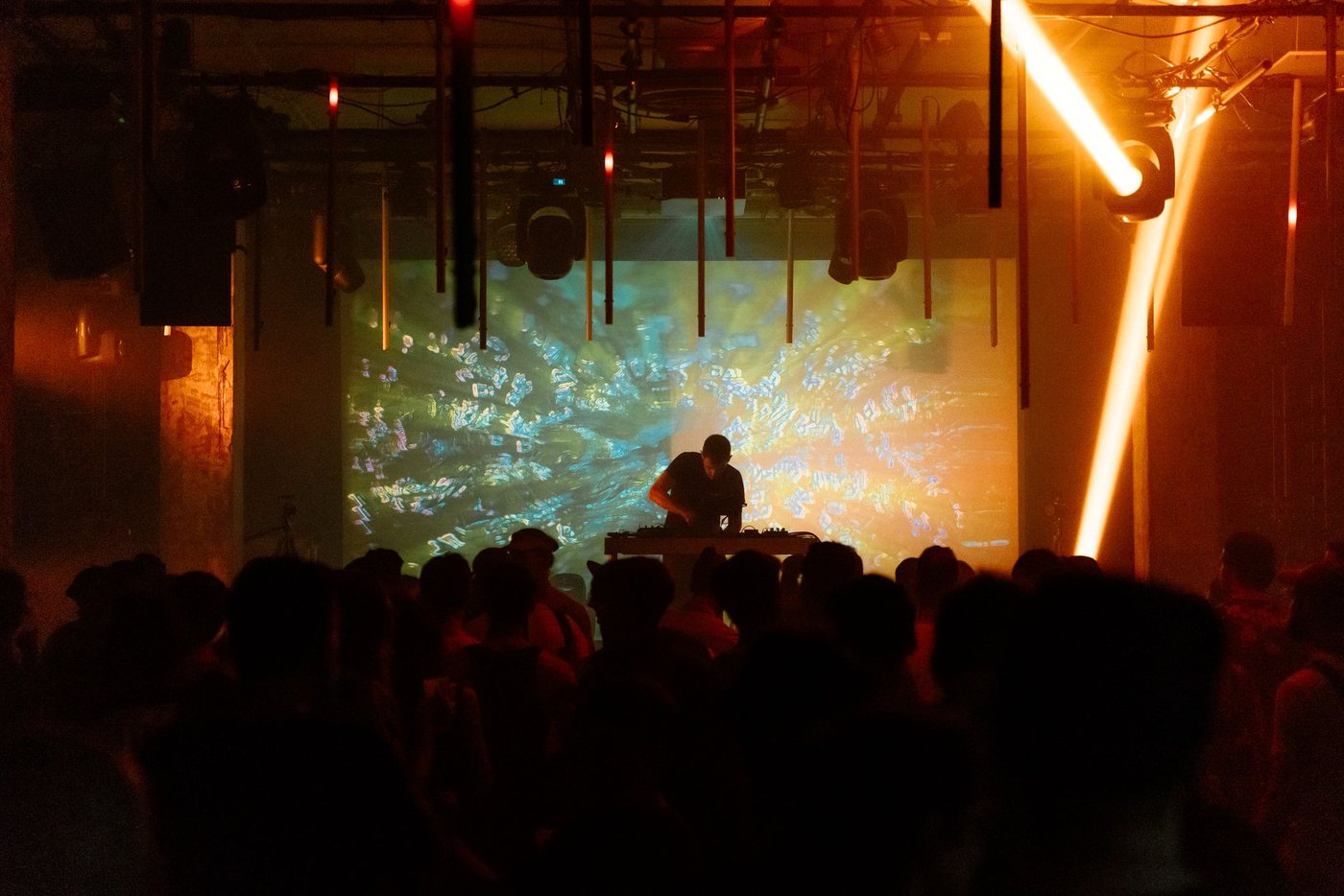 Crowd under a single hard beam of light during a Parts Project set